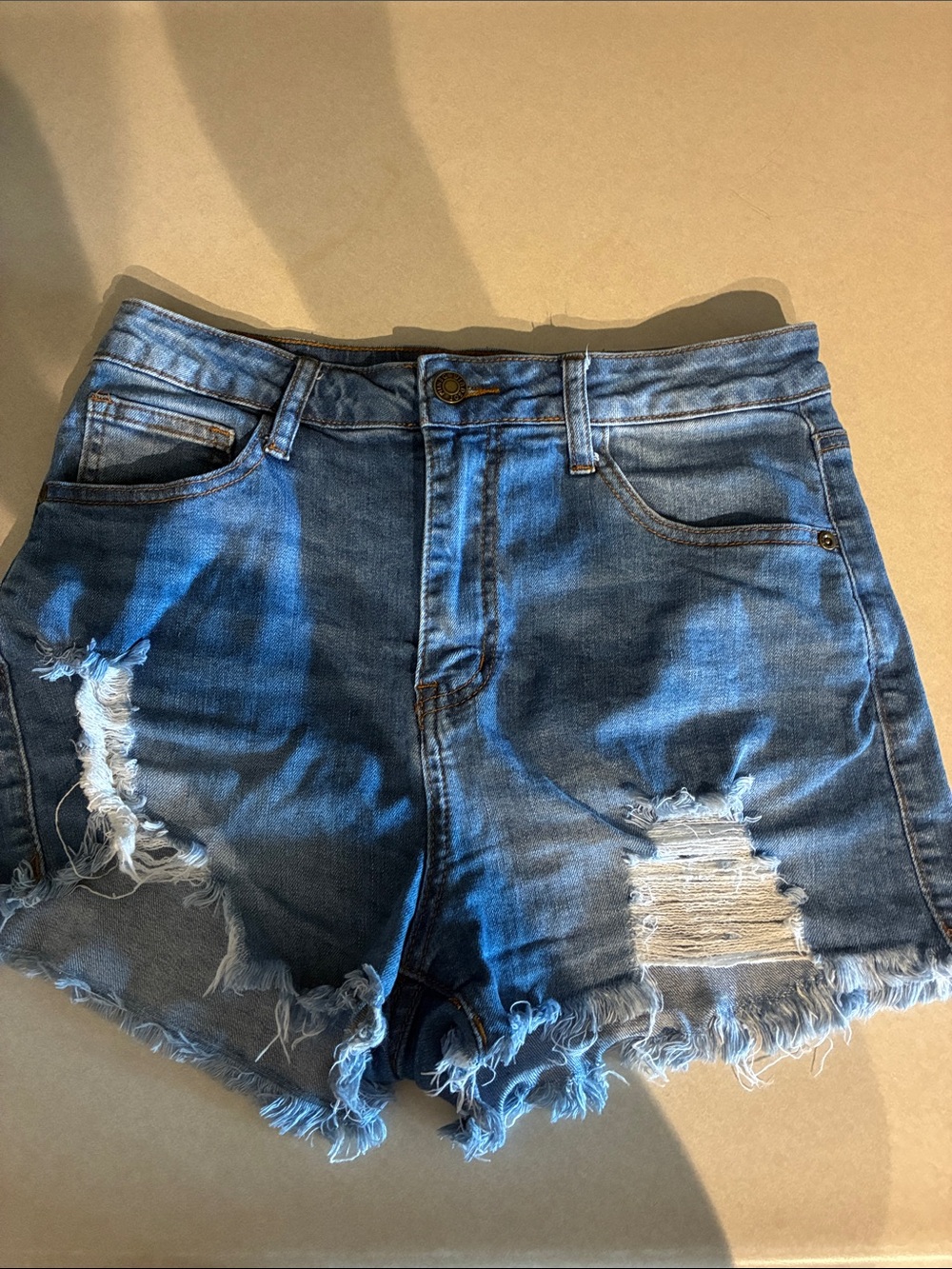 Windsor Distressed Dark Blue Denim Shorts with Frayed Hem